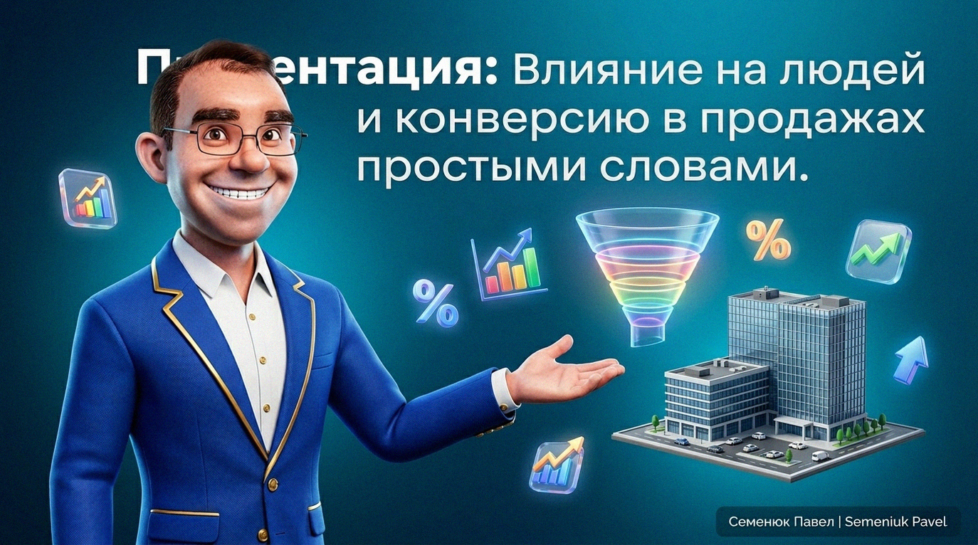 3D персонаж в стиле Pixar представляет архитектурную модель здания и голографическую воронку продаж, символизируя тренды девелопмента и маркетинга