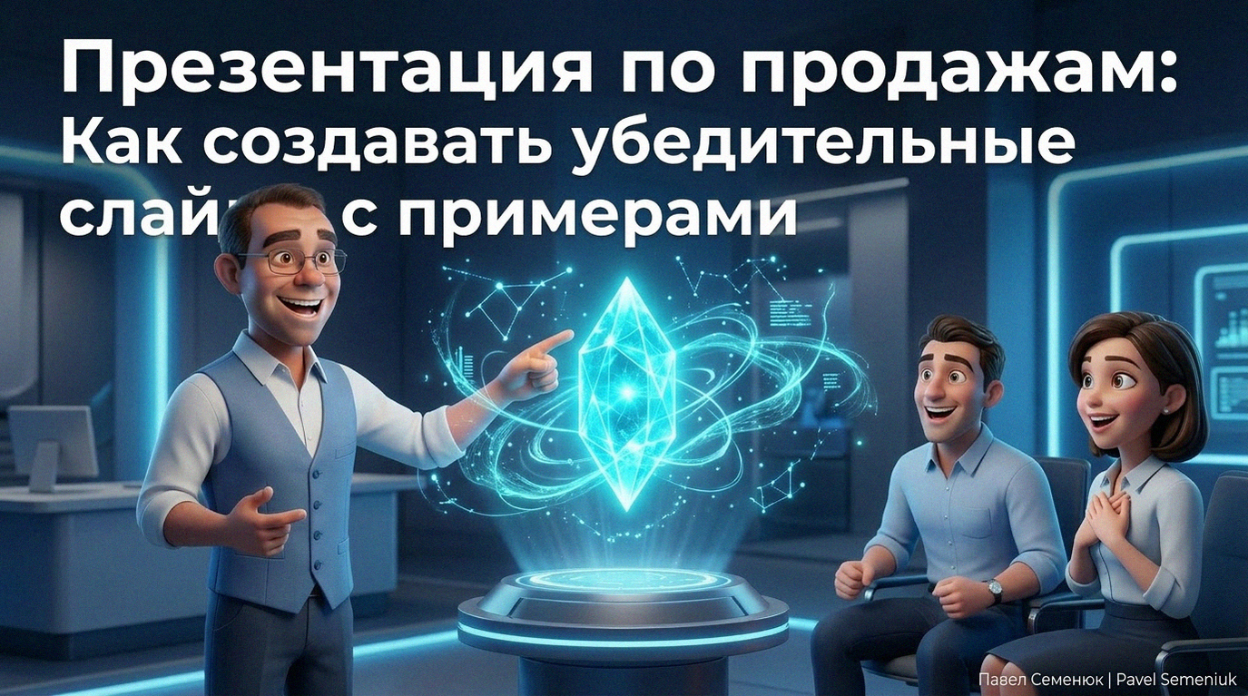 3D-иллюстрация презентации в футуристическом стиле, где спикер показывает светящийся кристалл вдохновленным клиентам