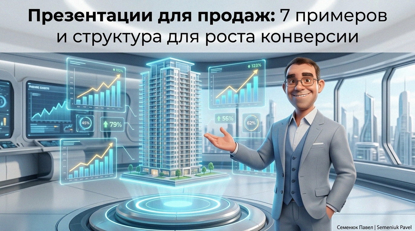 Мужчина в деловом костюме демонстрирует голографическую модель небоскреба и графики роста продаж в футуристичном офисе