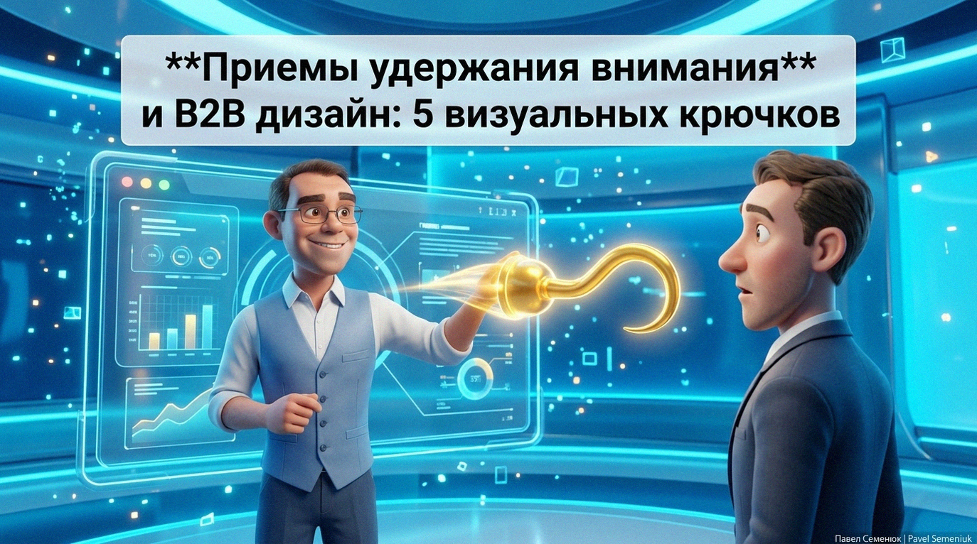 3D-иллюстрация в стиле Pixar: эксперт в синем жилете достает золотой крючок из голограммы для привлечения внимания бизнес-партнера в футуристичной студии.