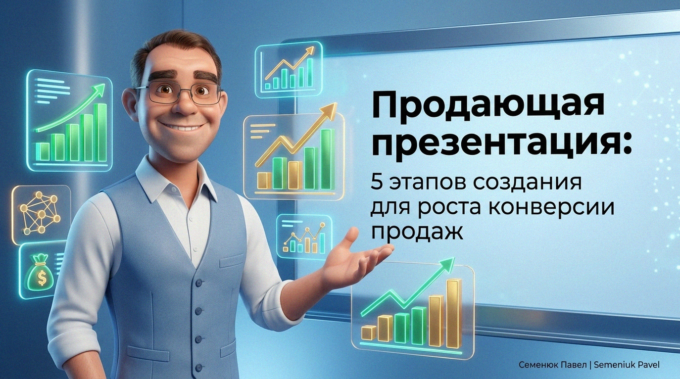 3D-персонаж в стиле Pixar презентует стратегию создания продающей презентации для строительной компании с использованием инфографики и графиков роста.