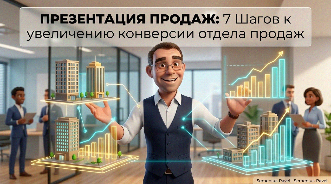 3D-персонаж в деловой одежде демонстрирует интерактивную голографическую презентацию с моделями зданий и графиками роста в современном офисе.