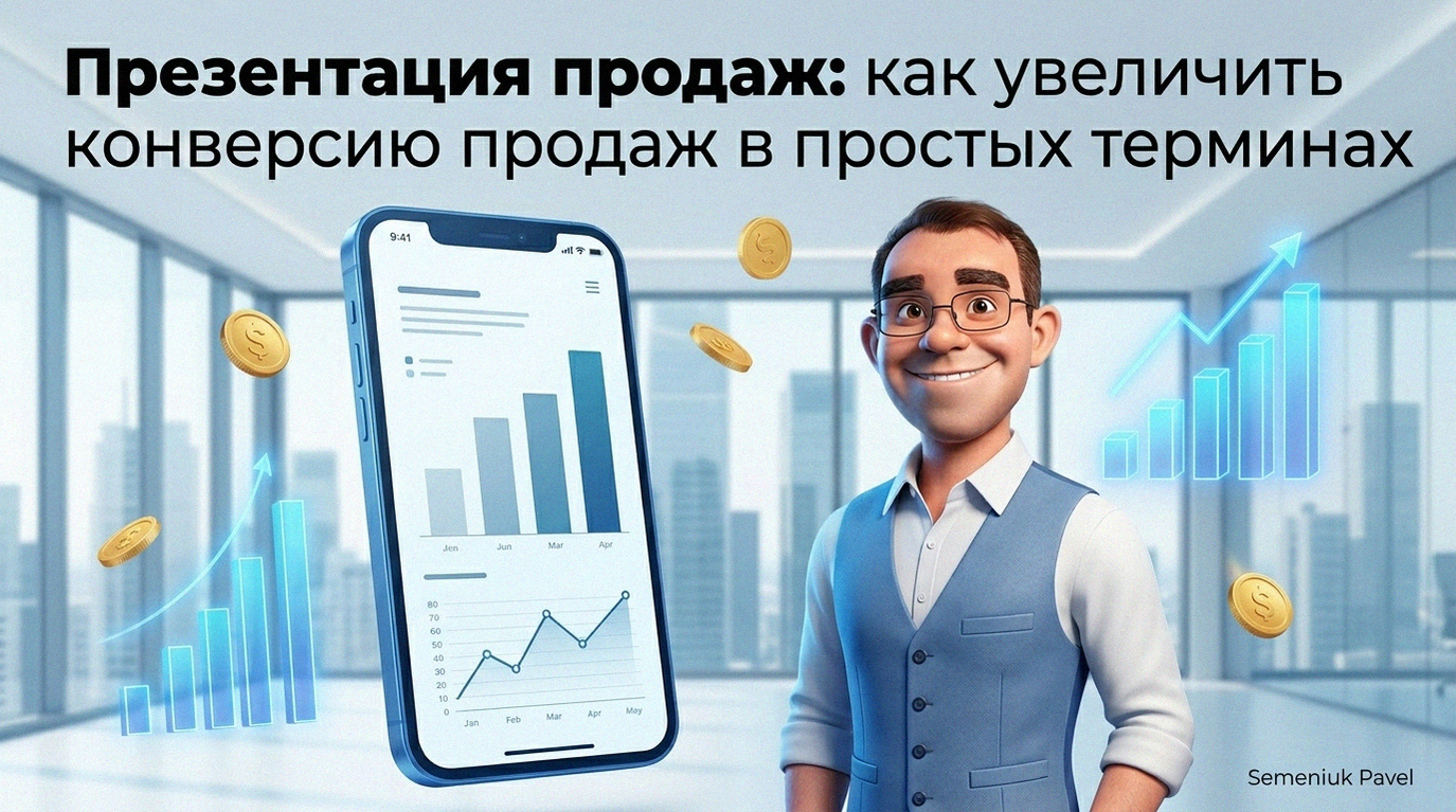 3D-персонаж в деловом стиле рядом с парящим смартфоном, на котором отображаются графики роста конверсии и аналитика строительного рынка.