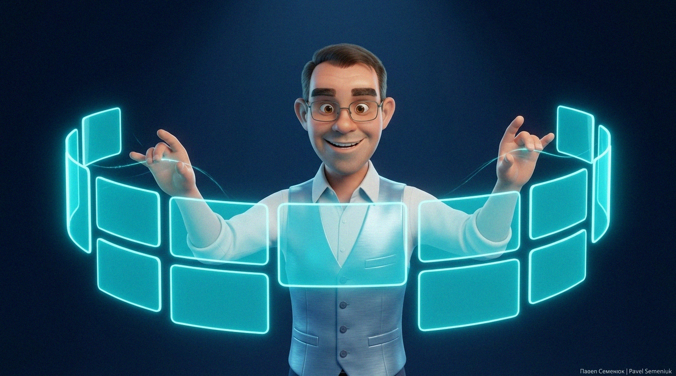 3D иллюстрация специалиста в очках и голубом жилете, управляющего светящимися виртуальными панелями на темно-синем фоне