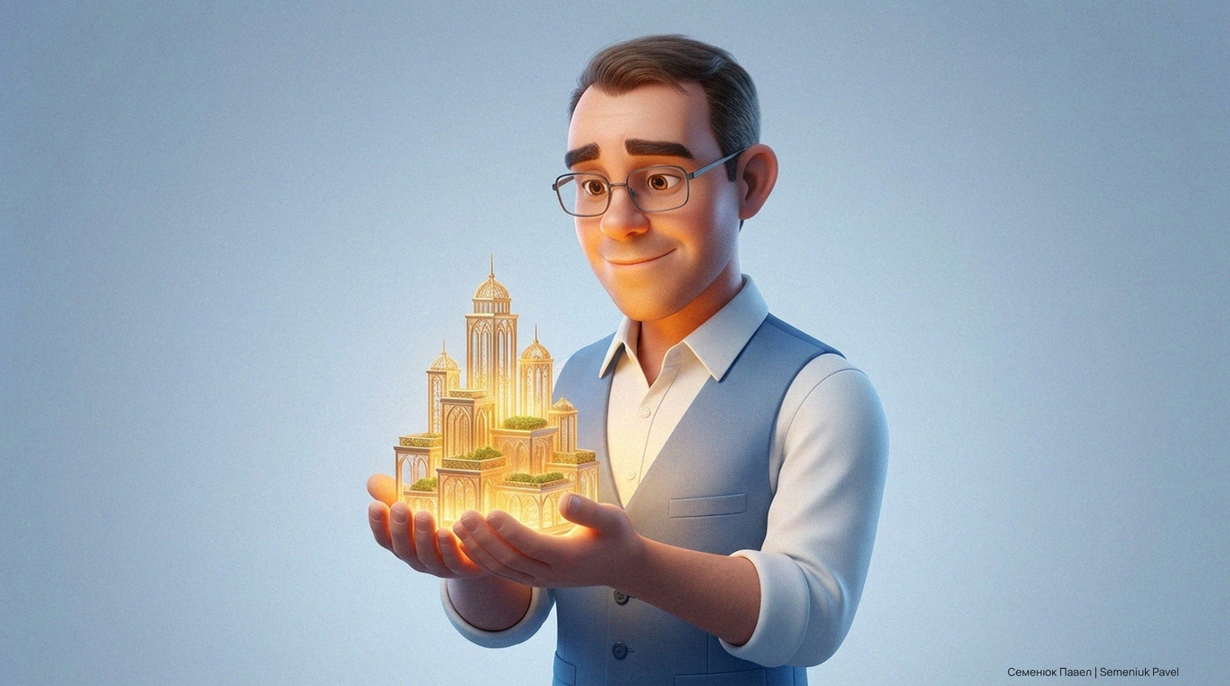 3D CGI illustration of a professional man in a blue vest holding a radiant, glowing golden architectural structure in his hands, symbolizing business confidence and inspiration.
