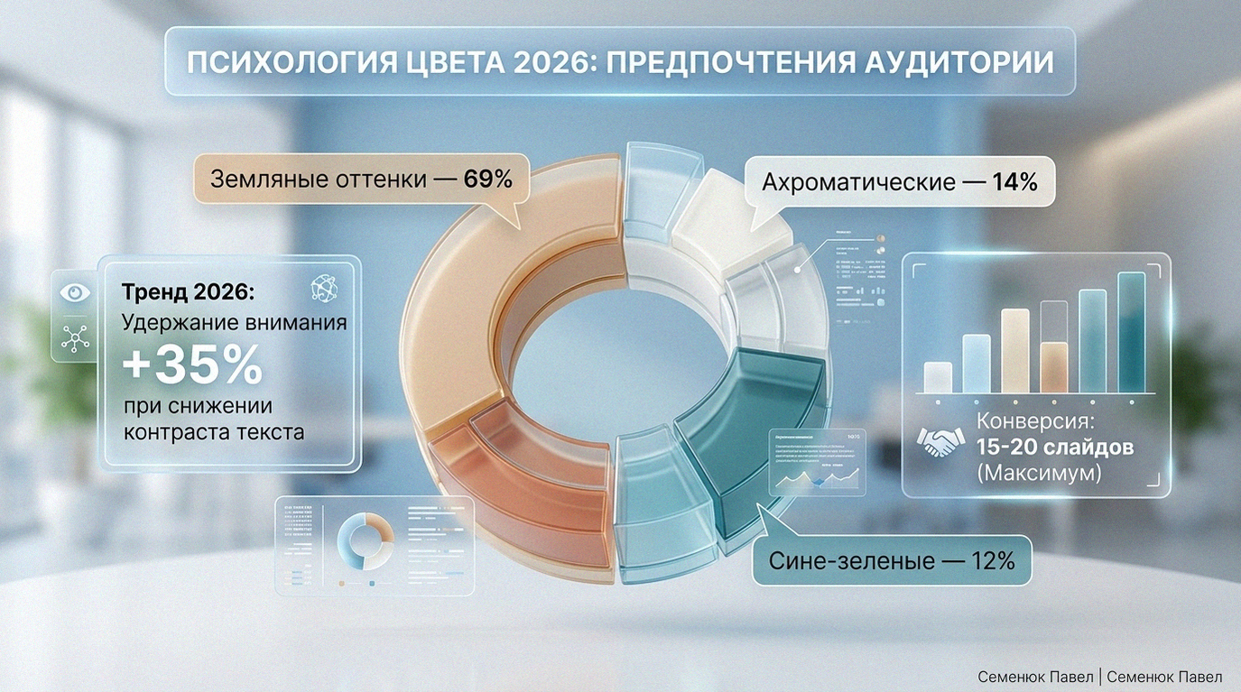 3D-инфографика о трендах психологии цвета 2026 года в стиле глассморфизм с диаграммами предпочтений аудитории.