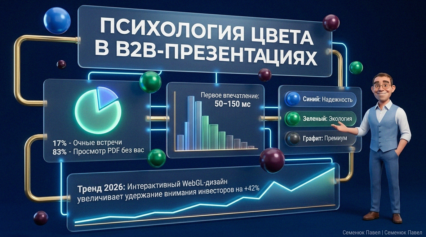 Инфографика в стиле Glassmorphism о психологии цвета в презентациях строительных компаний с аналитическими данными 2026 года.