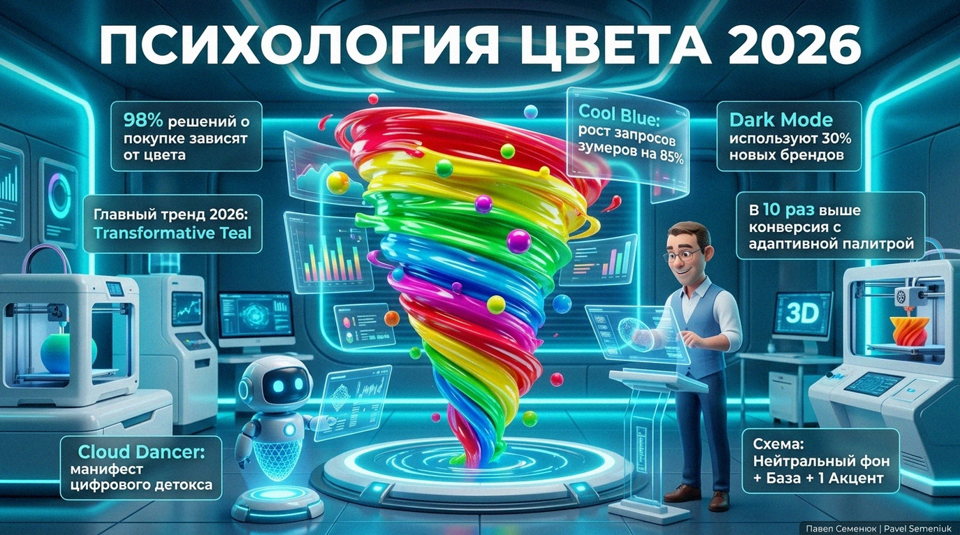 Футуристичная 3D-инфографика в стиле высокотехнологичной лаборатории, посвященная психологии цвета в маркетинге 2026 года. В центре — разноцветное торнадо, окруженное голографическими панелями со статистикой на русском языке, персонажем и роботом.