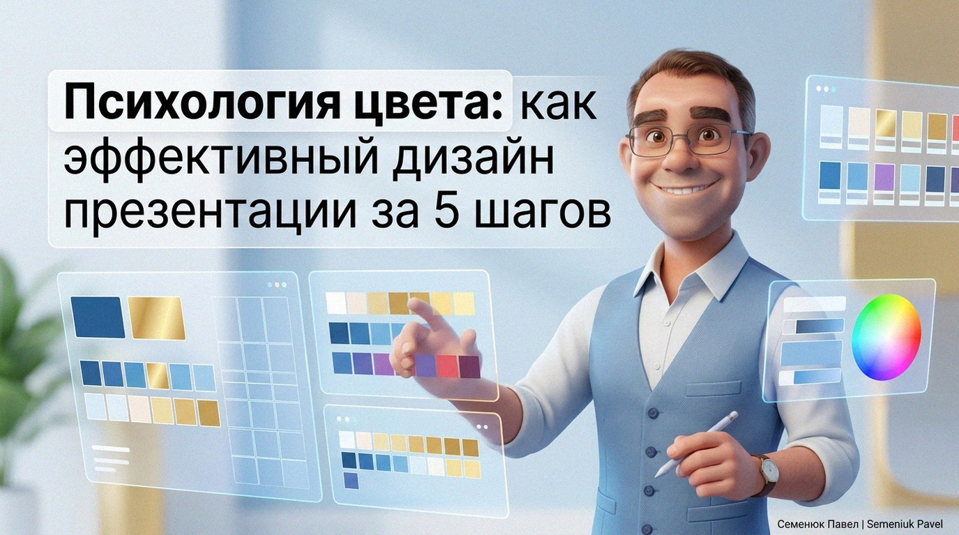 Трехмерный персонаж в стиле Pixar взаимодействует с голографическими панелями цветовых схем и графиков на светлом фоне.