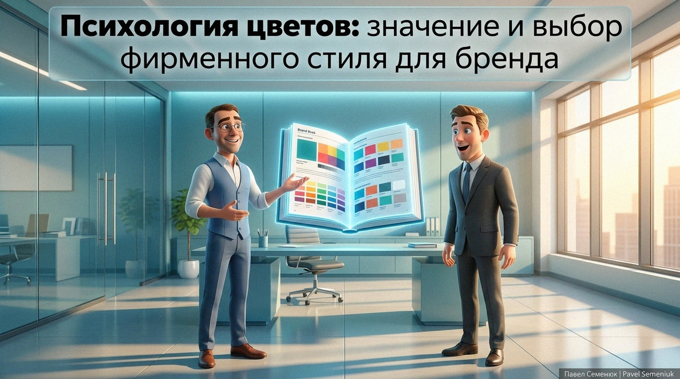 3D-иллюстрация эксперта, представляющего светящийся брендбук с палитрой цветов в современном офисе