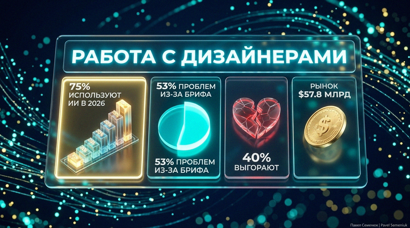 3D инфографика в стиле бенто-сетки, отображающая статистику работы с дизайнерами: использование ИИ, проблемы с брифами, выгорание кадров и объем рынка.