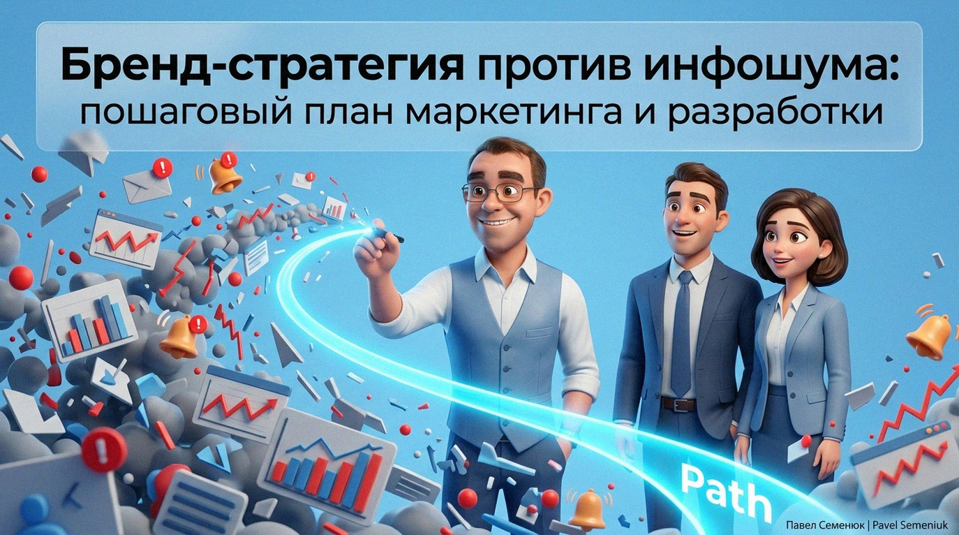 3D-персонаж в стиле Pixar рисует светящийся маркетинговый путь сквозь хаос цифровых уведомлений и графиков