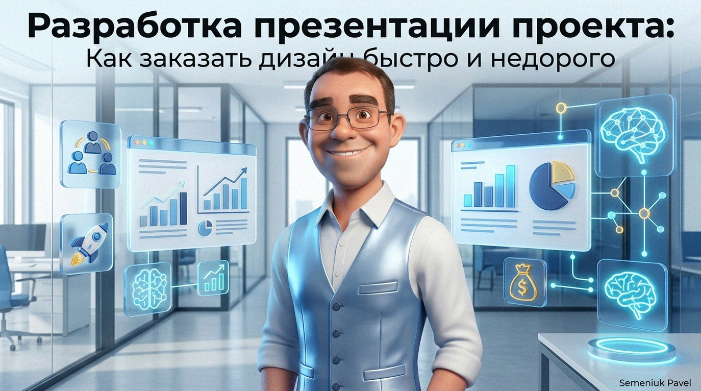Персонаж в стиле 3D-графики на фоне современного офиса с элементами цифровой презентации и графиками.
