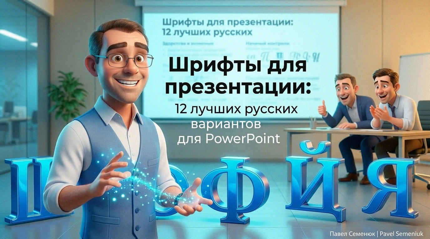 Радостный мужчина в очках демонстрирует современные светящиеся 3D буквы в офисном интерьере, заголовок о выборе лучших шрифтов для PowerPoint.