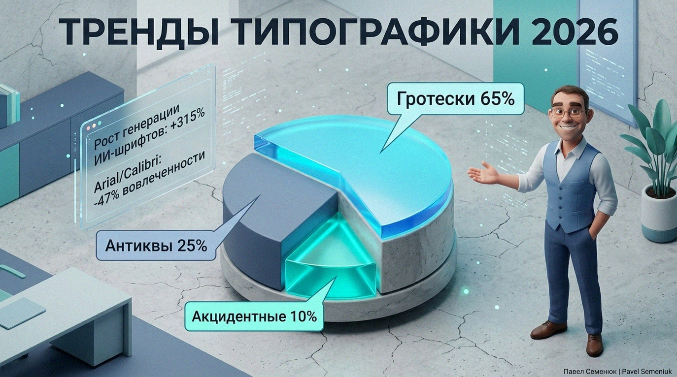 3D-инфографика трендов типографики 2026 года: распределение популярных шрифтов в российских бизнес-презентациях