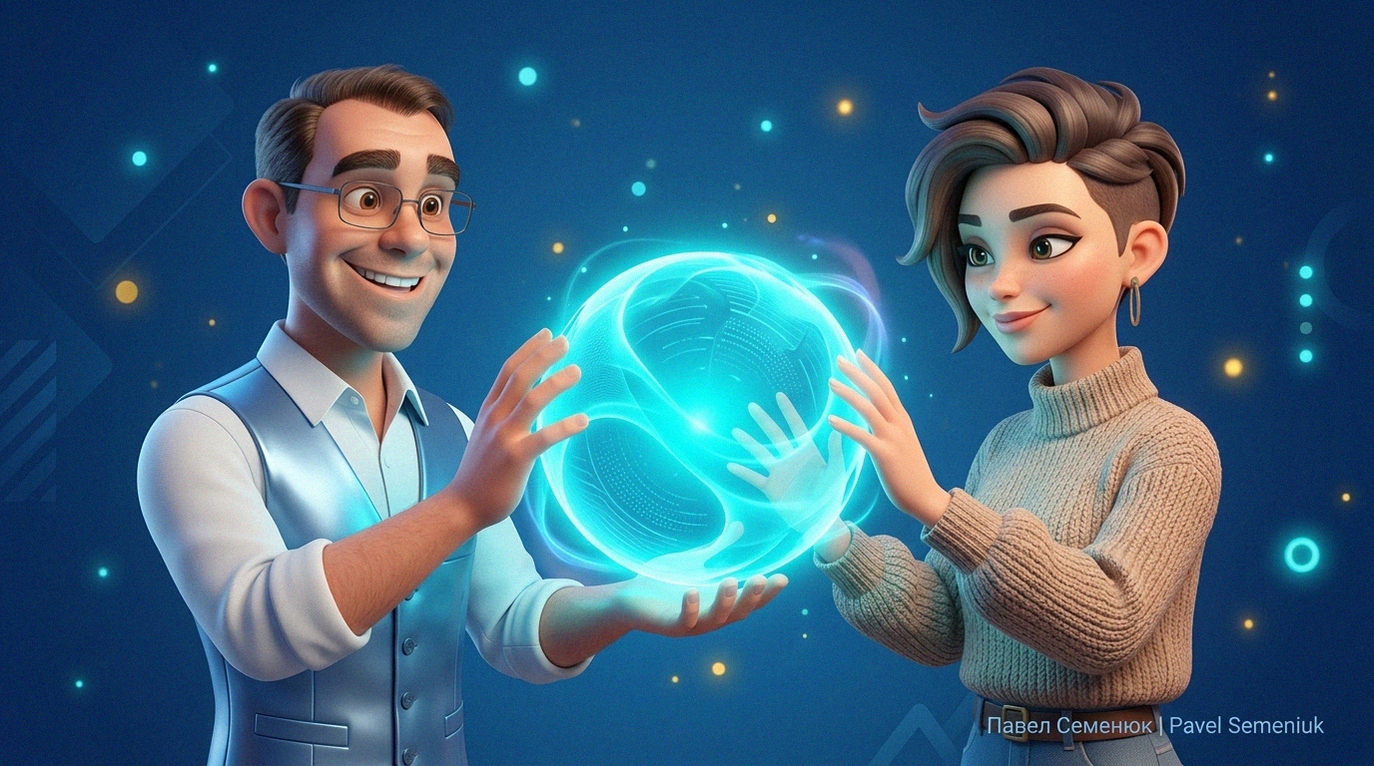3D-иллюстрация: мужчина-профессионал и женщина-дизайнер вместе создают светящуюся голубую сферу, символизирующую упорядоченный проект.