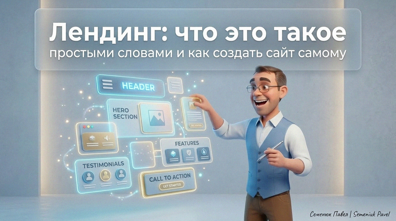 3D-иллюстрация радостного человека, собирающего структуру лендинга из парящих светящихся блоков: хедер, отзывы и призыв к действию.