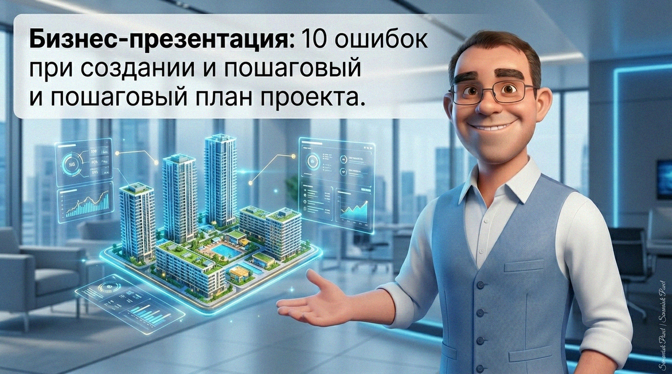 3D-персонаж презентует голографическую модель жилого комплекса и интерактивные графики в высокотехнологичном офисе