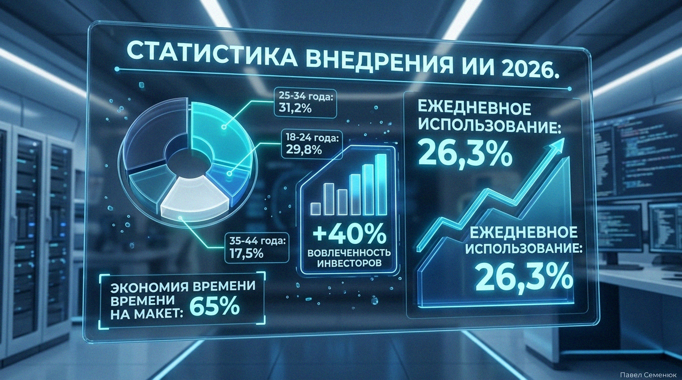 Футуристическая инфографика со статистикой внедрения ИИ в России на 2026 год, показывающая возрастные группы пользователей и рост вовлеченности инвесторов.