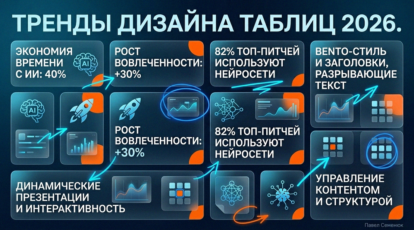 Футуристичная инфографика о трендах дизайна таблиц 2026 года в стиле Bento и Glassmorphism с неоновыми акцентами и статистикой использования ИИ.