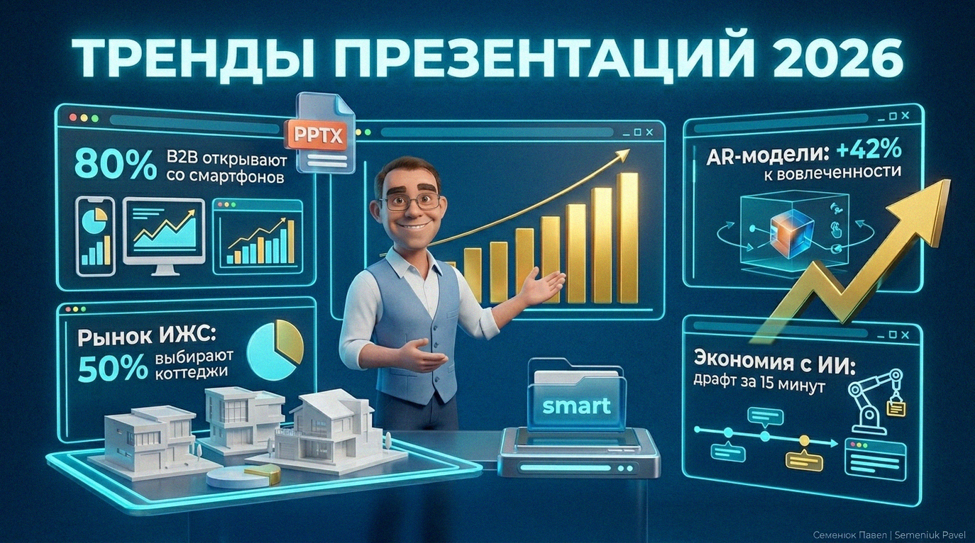 Инфографика трендов дизайна презентаций 2026 года для строительной отрасли с данными об ИИ, AR и рынке ИЖС
