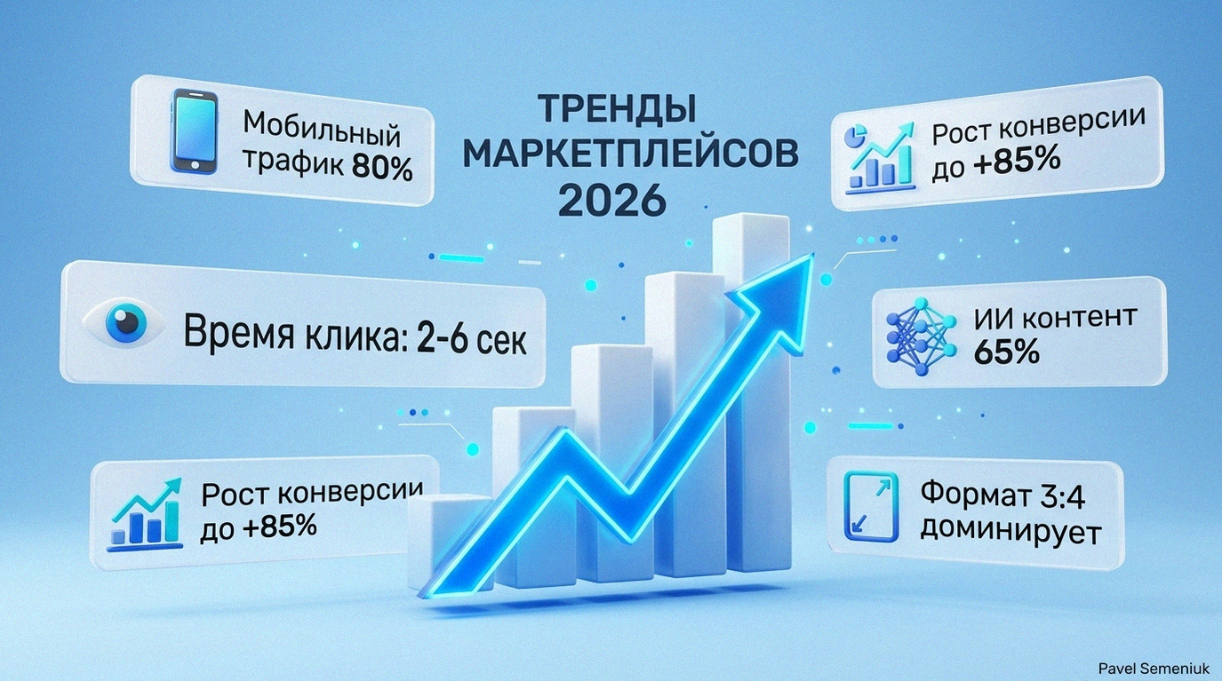 Современная 3D инфографика, отображающая тренды маркетплейсов 2026 года: рост конверсии, мобильный трафик и влияние ИИ.