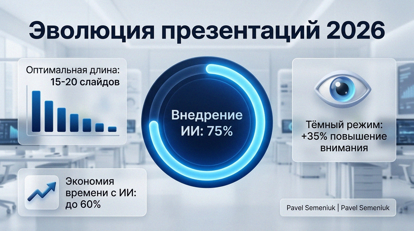 Современная 3D-инфографика о будущем презентаций в 2026 году, отображающая статистику внедрения ИИ, оптимальный объем слайдов и преимущества темного режима.