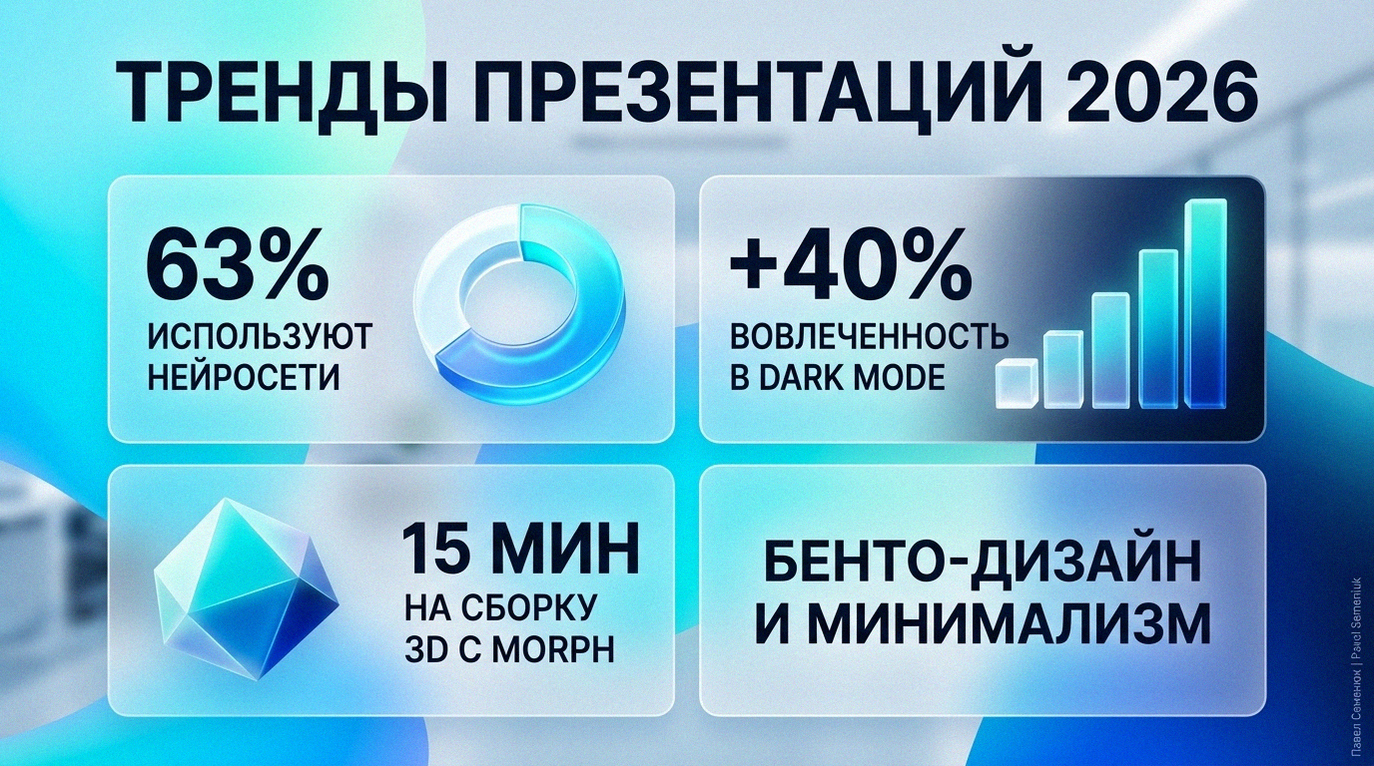 Современная 3D-инфографика в стиле бенто-сетки, демонстрирующая ключевые тренды презентаций 2026 года: использование нейросетей, эффективность темного режима и анимацию Morph.