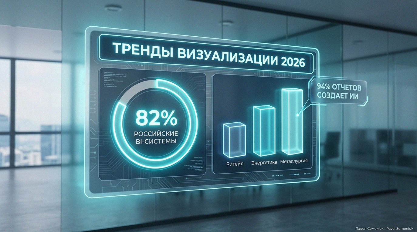 Футуристичный 3D-дашборд с графиками доли российских BI-систем и внедрения ИИ в аналитику на 2026 год.
