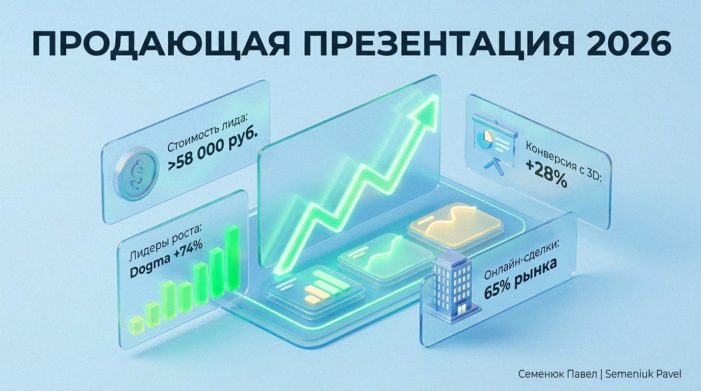 3D изометрическая инфографика с ключевыми показателями строительного рынка 2026 года: стоимость лида, рост лидеров и онлайн-сделки.
