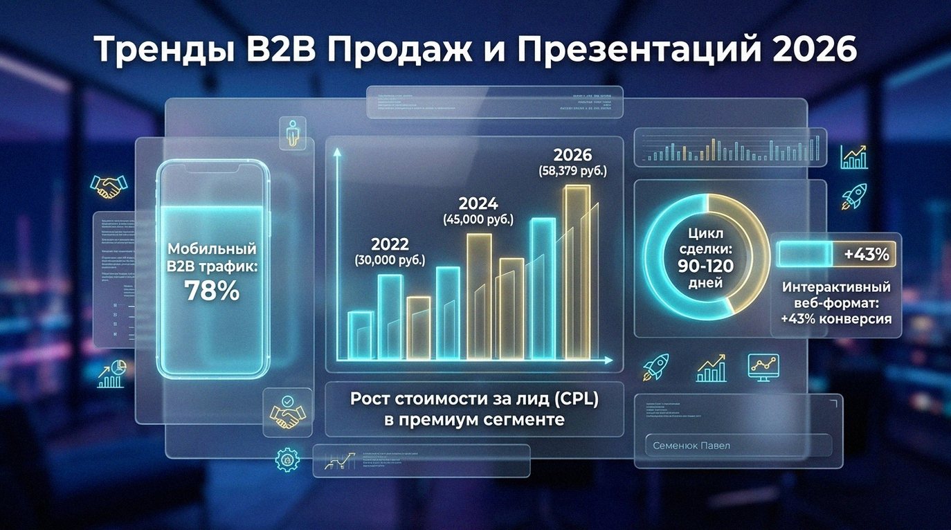 Инфографика с аналитикой рынка недвижимости 2026 года: графики роста стоимости лида, цикл сделки и статистика мобильного трафика.