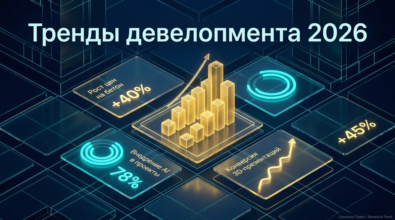 3D-дашборд с аналитикой строительного рынка 2026 года: графики цен на бетон, внедрение ИИ и конверсия презентаций