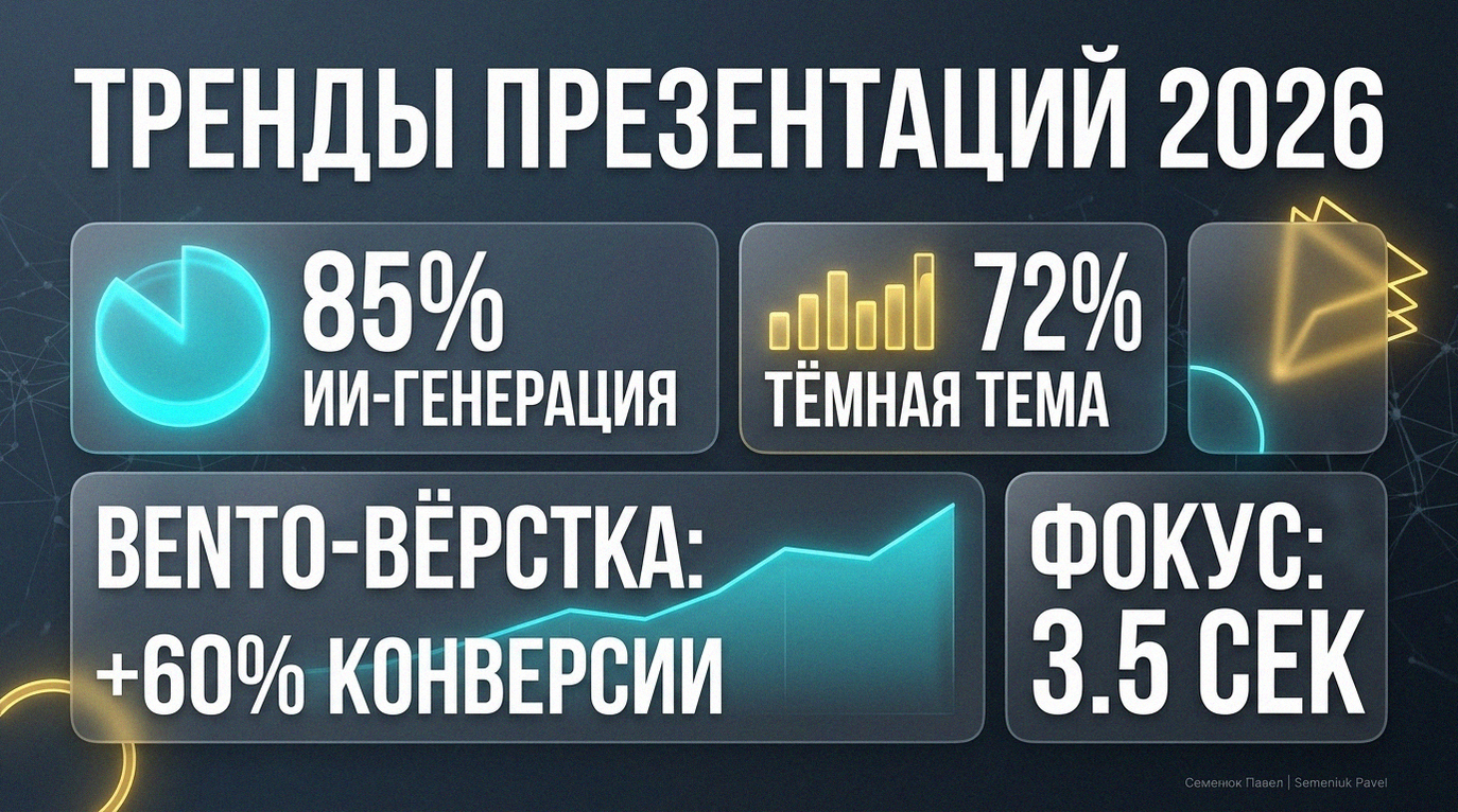 Современная инфографика в стиле Bento UI с данными о трендах презентаций 2026 года для строительной сферы