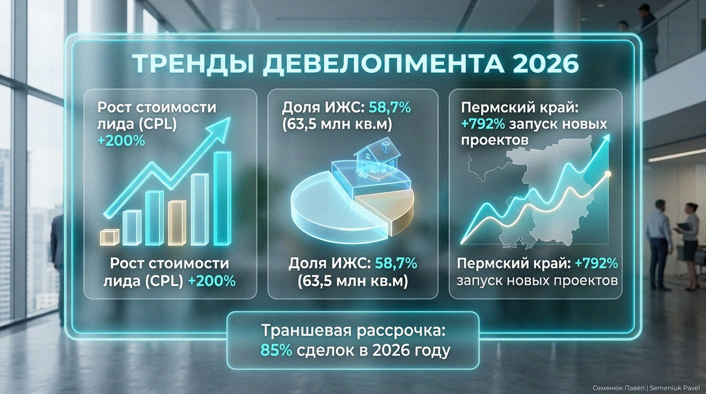 Футуристический 3D-дашборд с показателями роста стоимости лида, доли ИЖС и региональной статистики застройщиков 2026 года.