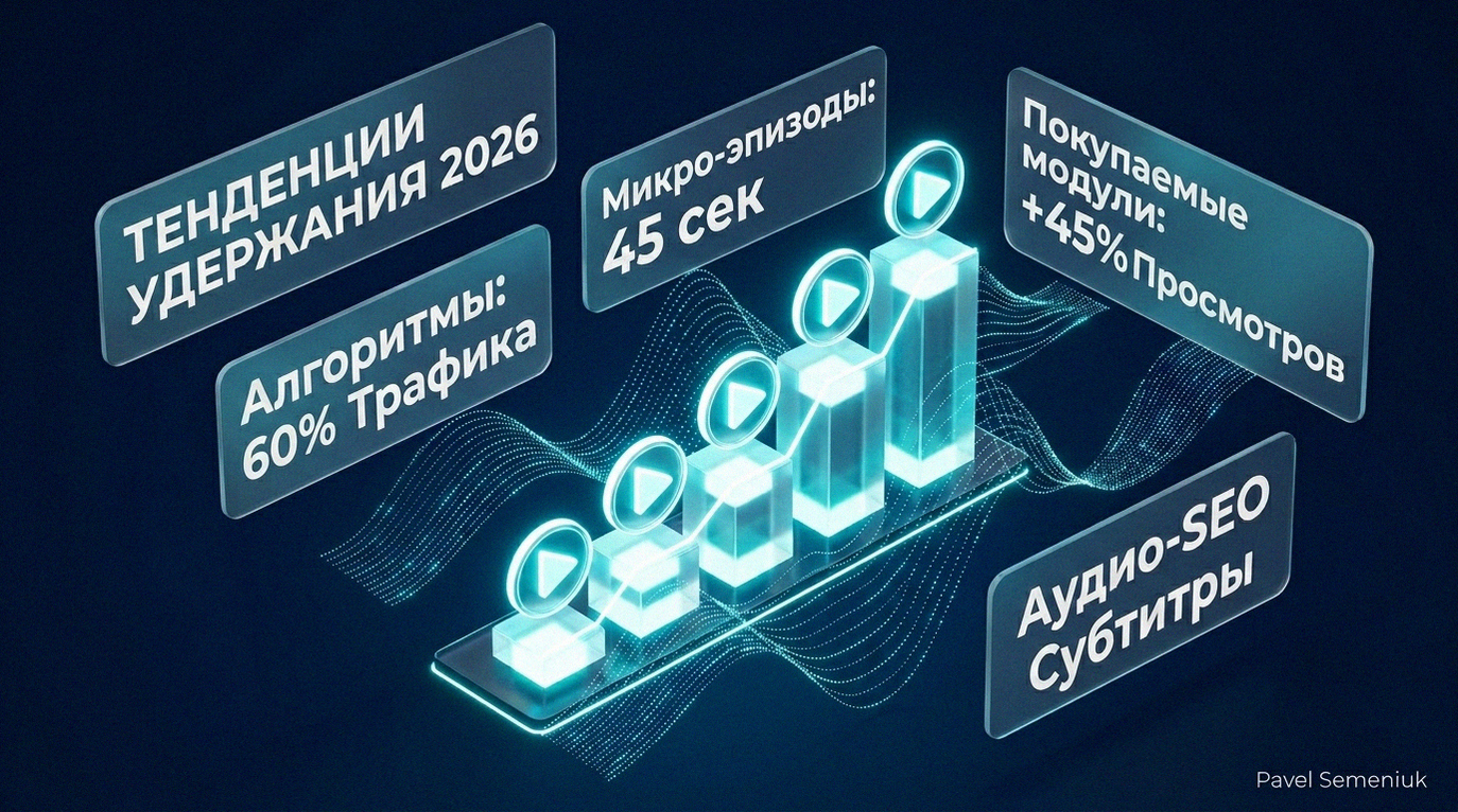 3D-инфографика о трендах удержания внимания в видео, алгоритмах VK Видео и Rutube и Shoppable-контенте в 2026 году.