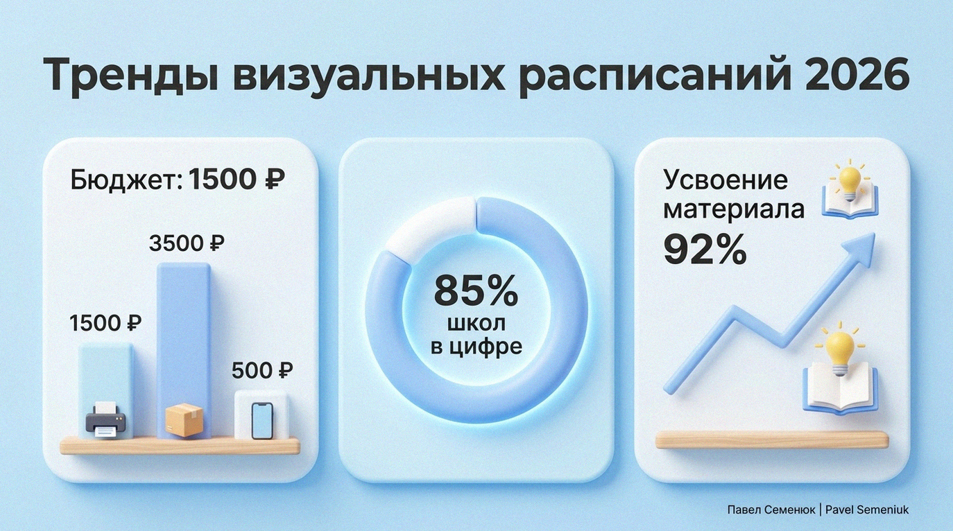 3D-инфографика с показателями эффективности визуальных расписаний, включая бюджет, уровень цифровизации 85% и усвоение материала 92%.
