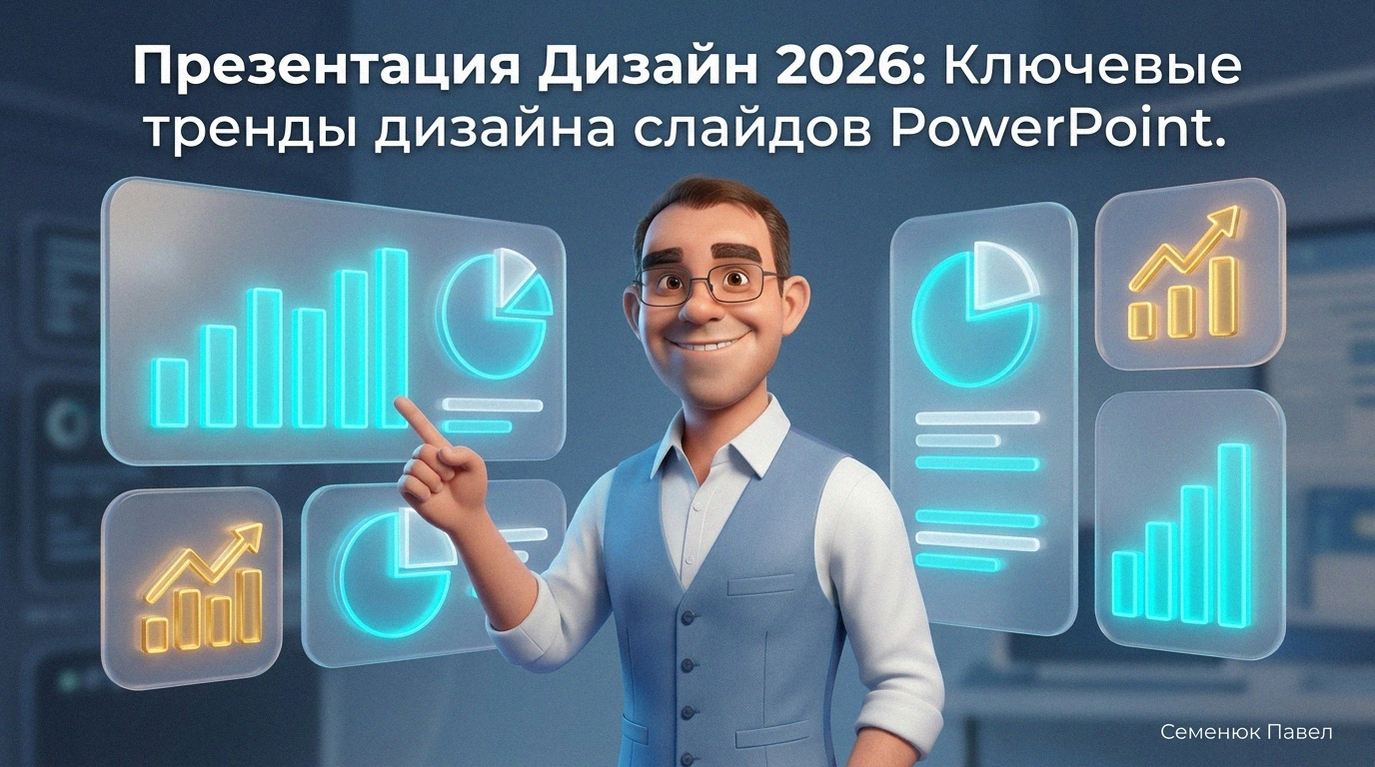 3D-персонаж в стиле Pixar демонстрирует футуристичный интерфейс с графиками и трендами дизайна слайдов PowerPoint 2026 года.