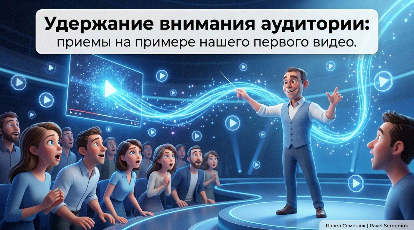 3D-иллюстрация в стиле Pixar: мужчина-дирижер управляет сияющими потоками света от видеоэкрана перед вовлеченной аудиторией, символизируя захват внимания зрителей.