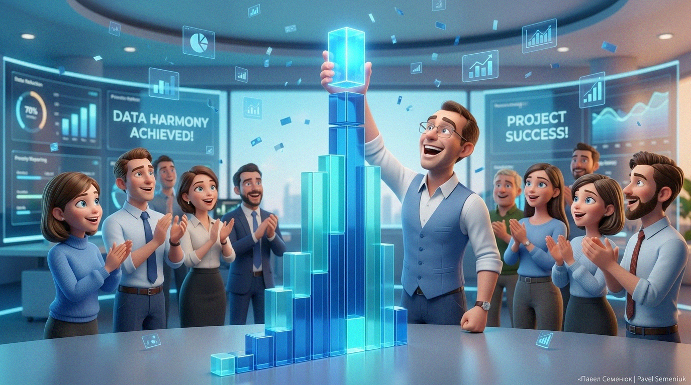 Презентации на заказ3D-иллюстрация в стиле Pixar: мужчина в очках торжественно завершает построение светящейся синей гистограммы в окружении аплодирующих коллег