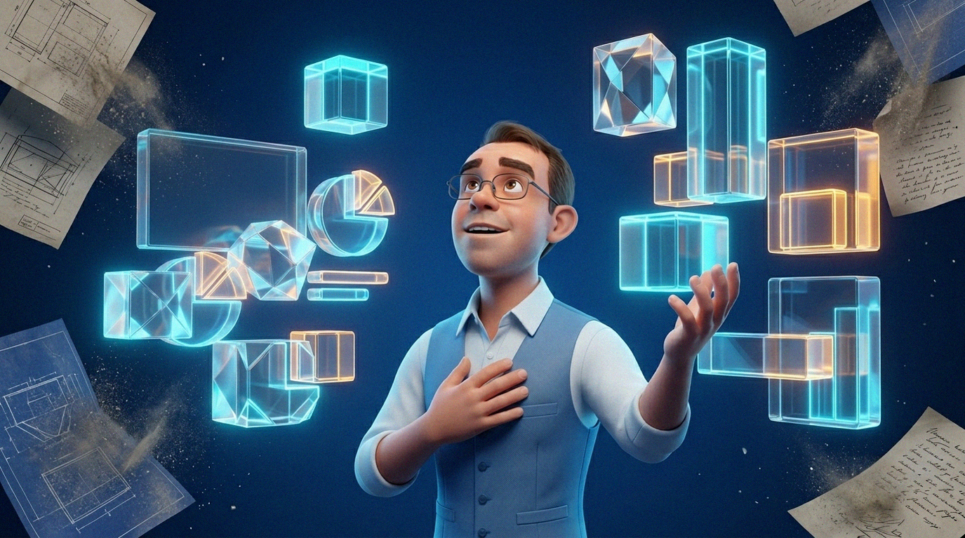 3D-иллюстрация дизайнера, окруженного парящими неоновыми геометрическими фигурами и стеклянными блоками