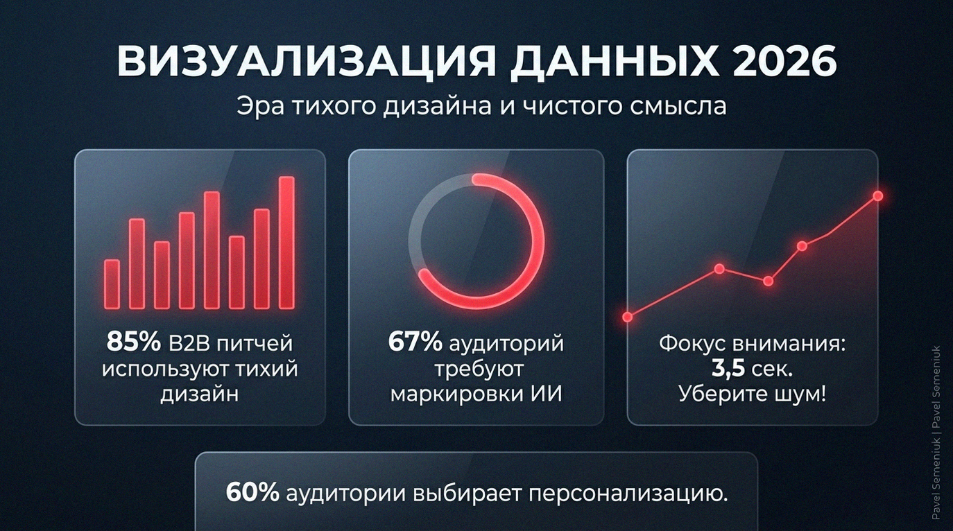 Инфографика в стиле Quiet Design, показывающая статистику визуализации данных 2026 года с акцентом на минимализм и ИИ.