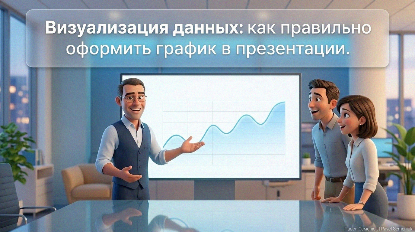 Презентации на заказМужчина в очках презентует коллегам чистый и минималистичный график в светлом офисе, выполненный в 3D стиле.