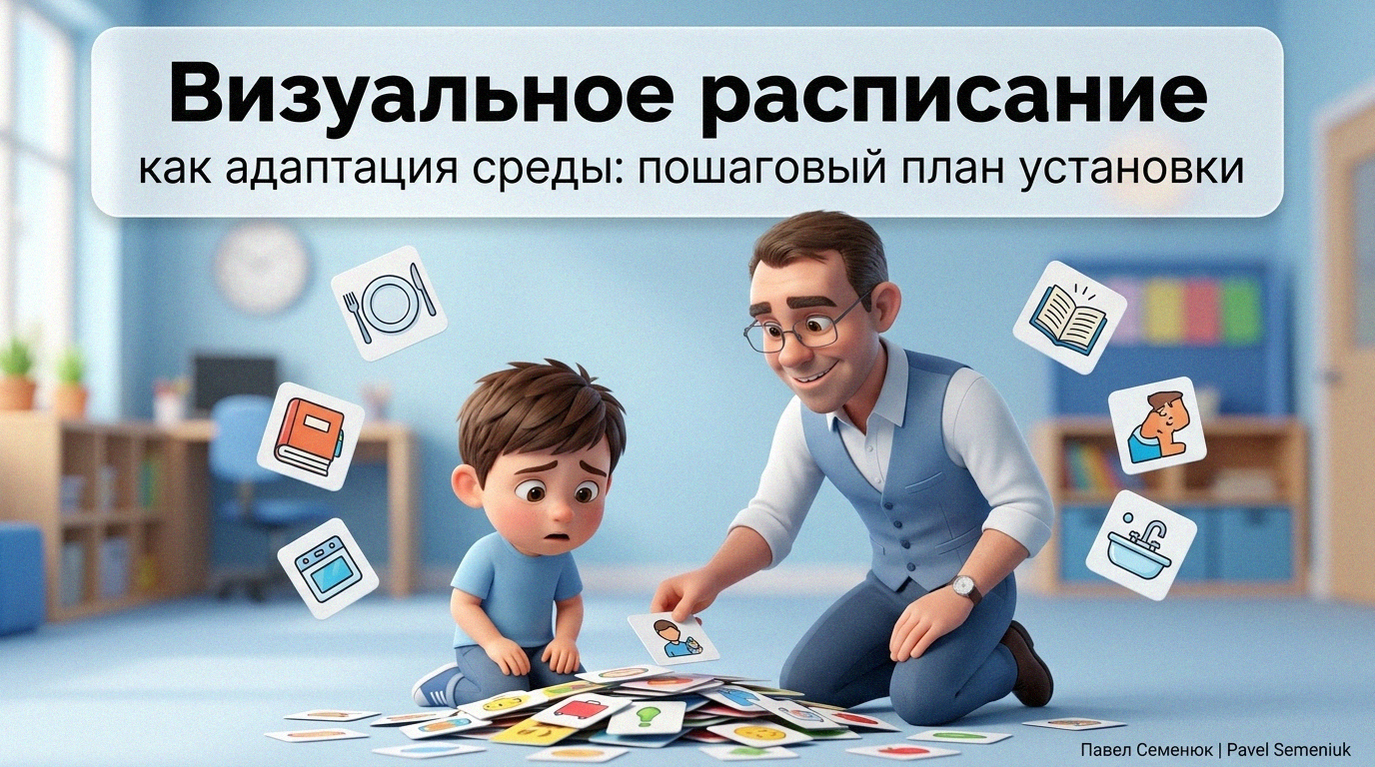 3D-иллюстрация: педагог помогает ребенку собирать визуальное расписание из карточек в современном классе