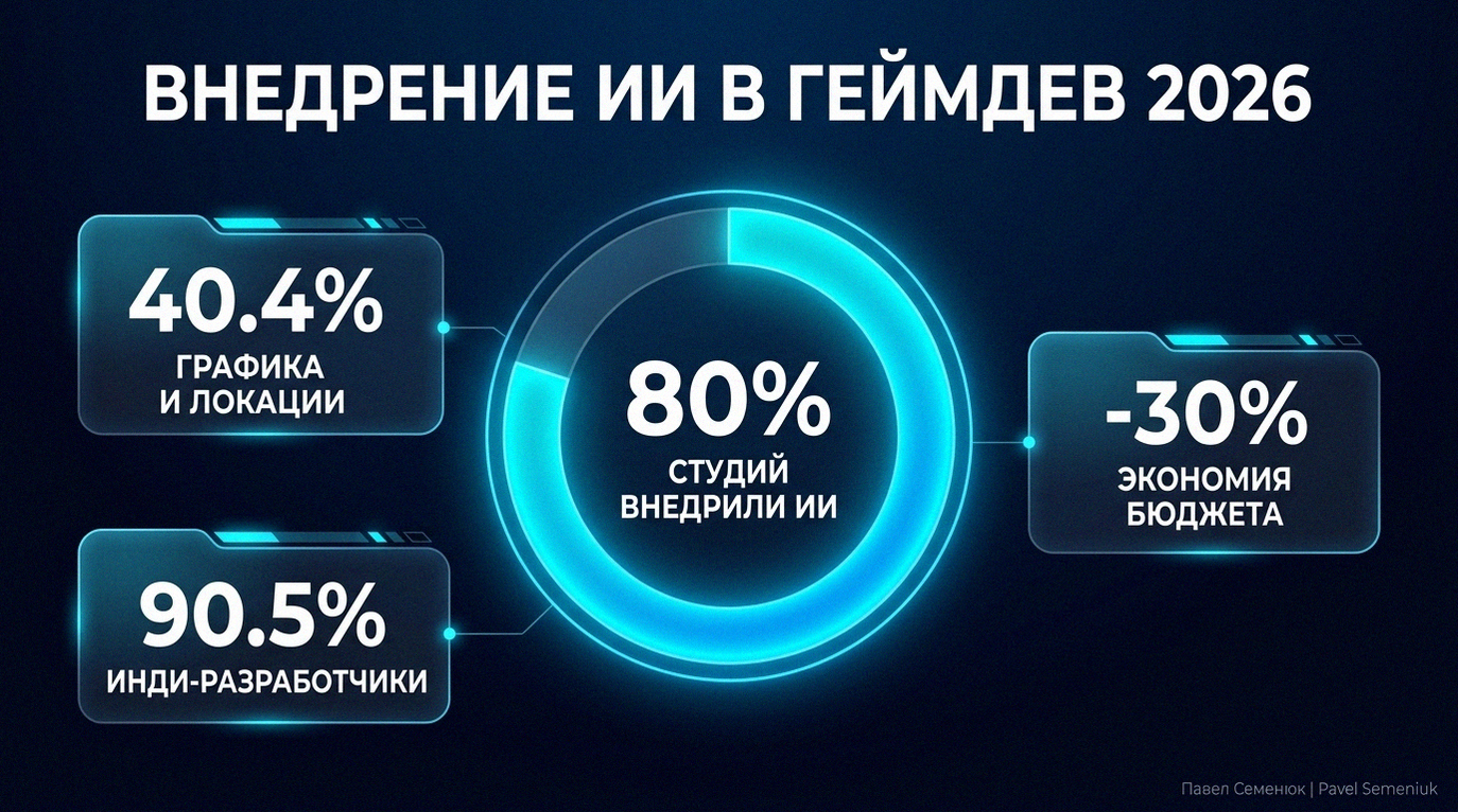 Футуристичная инфографика в стиле дашборда, показывающая статистику использования ИИ в российском геймдеве на 2026 год: 80% студий внедрили ИИ, 40.4% используют его для графики, 30% экономии бюджета.