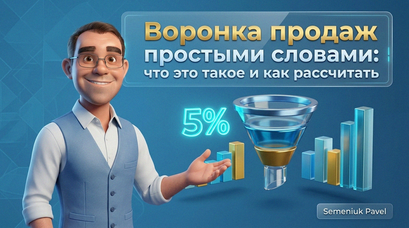 3D-персонаж в очках и синем жилете представляет инфографику воронки продаж с графиками и надписью о расчете конверсии.