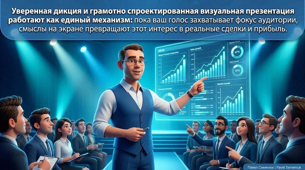 Презентации на заказСпикер в очках и синем жилете выступает на сцене, указывая на голографический экран с графиками перед аудиторией