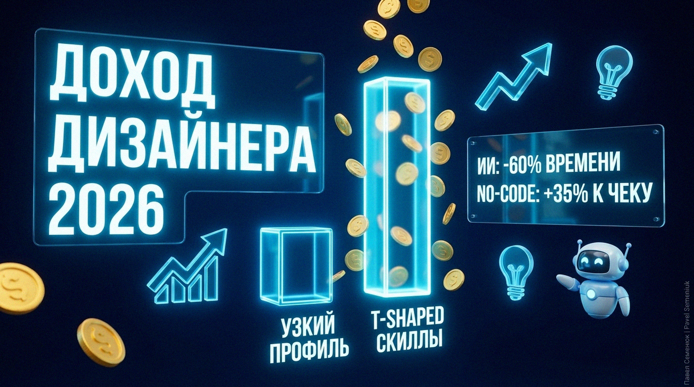 Футуристичная 3D-инфографика с неоновой диаграммой, сравнивающей доходы дизайнеров с узким профилем и T-shaped навыками в 2026 году.