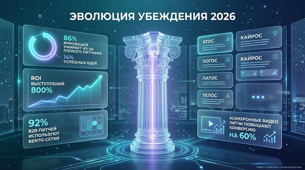 Футуристичная инфографика с античной колонной в центре и цифровыми интерфейсами Bento-сеток, отображающая статистику рынка презентаций РФ на 2026 год.