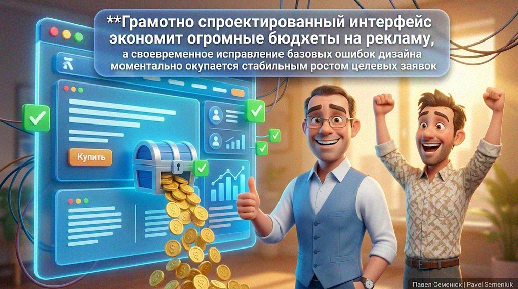 Презентации на заказ3D-иллюстрация в стиле Pixar: радостный мужчина в очках показывает большой палец на фоне современного синего интерфейса, в который сыплются золотые монеты, и ликующего предпринимателя.