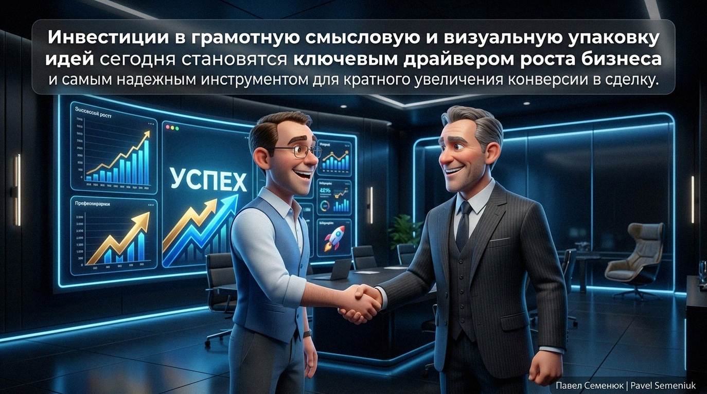 Презентации на заказ3D-иллюстрация в стиле Pixar: двое мужчин пожимают руки в современном темном офисе на фоне экрана с графиками роста и надписью УСПЕХ